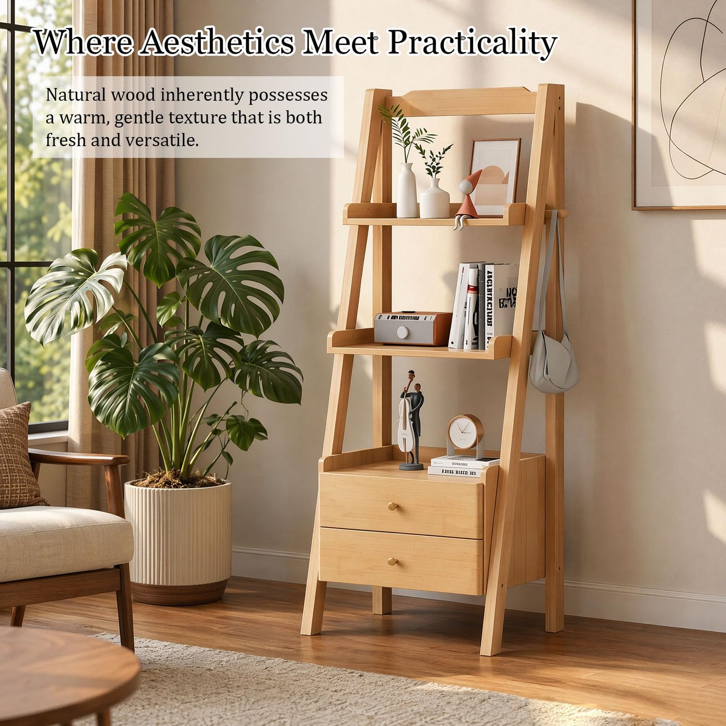 YKHTBDL Solid Ladder Bookshelf with Storage, Modern Wooden Display Shelf, Tall Narrow Plant Stand with Drawers for Living Room, Bedroom & Home Office Black B (23.62''L× 14.17''W×55.11''H)