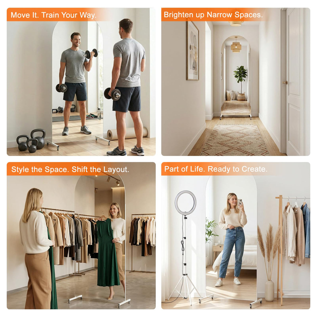brisafe Full Length Stand Mirror on Wheels, Arched, 70x22 in
