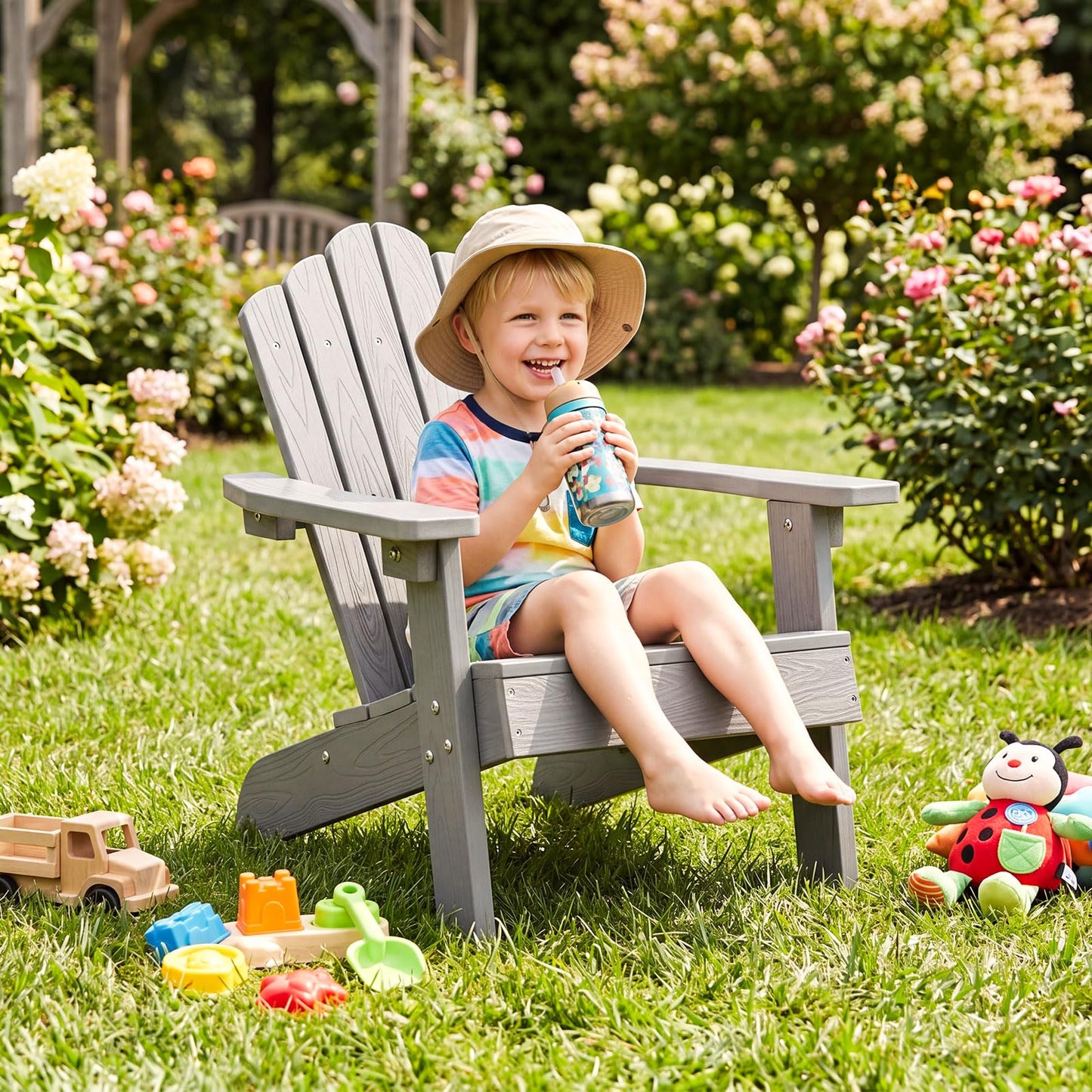 Costzon Kids Adirondack Chair, All-Weather HIPS Toddler Outdoor Chair, Wooden Textured Plastic Fire Pit Chair, Kids Patio Chair for Backyard Lawn Garden, Fits Children Age 3-7 Years (1, Gray)