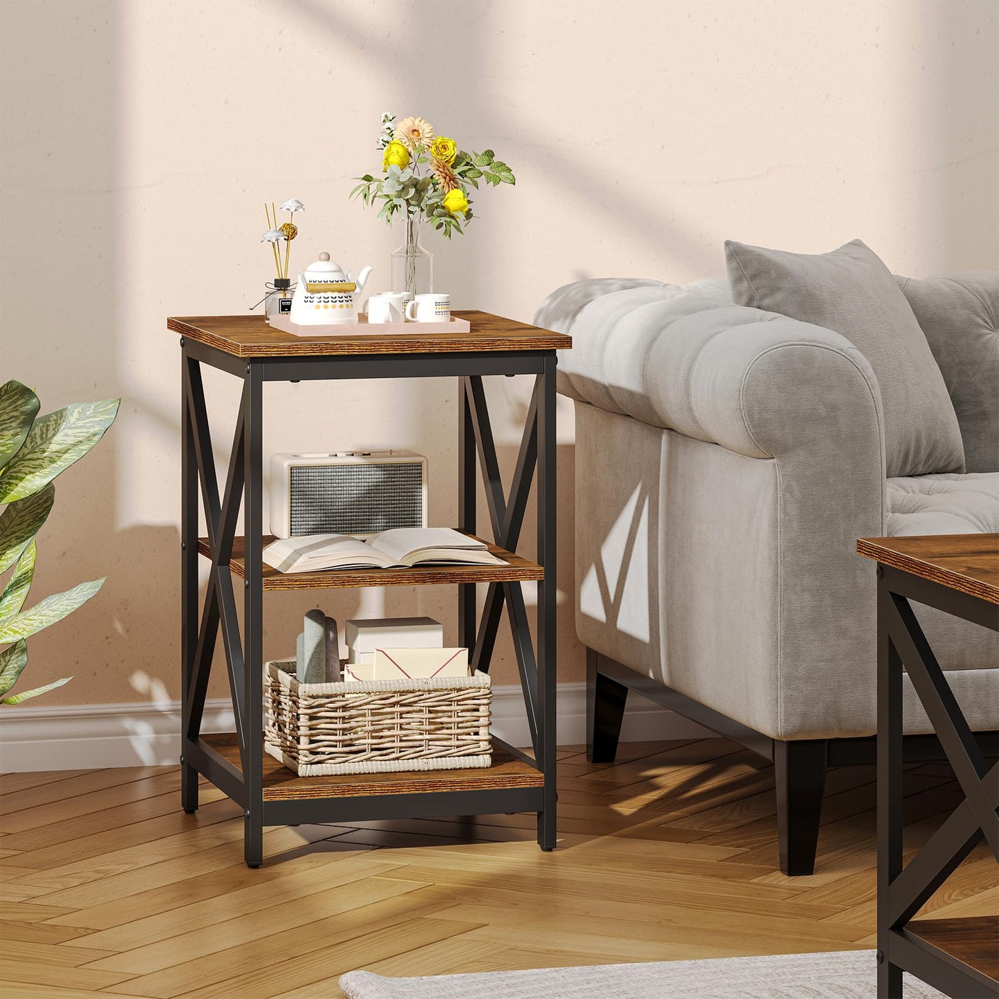 Bigbiglife Living Room Coffee Table Set of 3, Industrial X-Design Coffee Table and 2 End Side Tables, 3 Piece Living Room Table Set with Large Storage for Apartment Home (Rustic Brown)