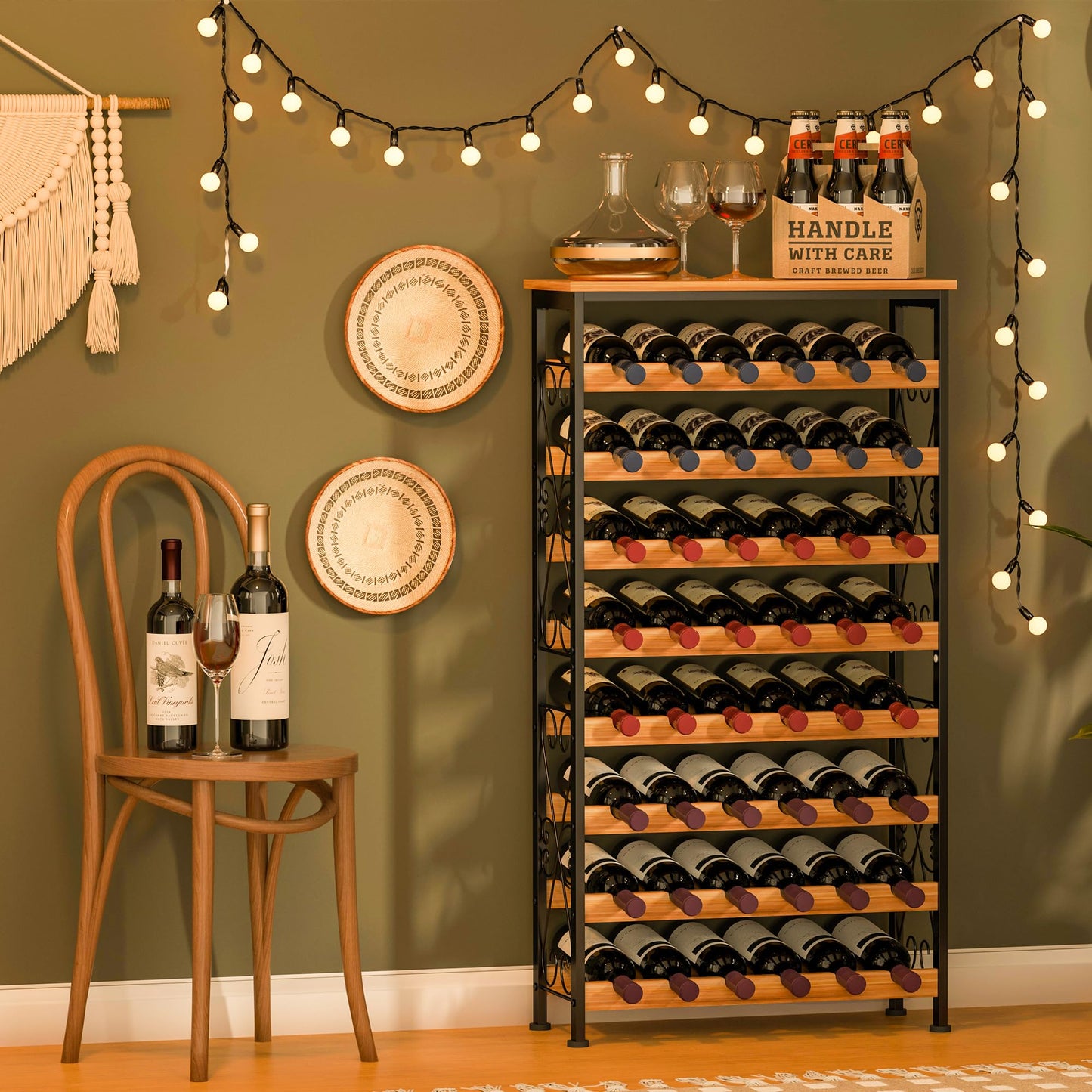 Sonyabecca 48 Bottle Wine Rack Freestanding Floor with Wood Top,8-Tier Wine Storage Shelf with Serving Station, Wine Holder for Kitchen, Bar, Dining Room, Home Bar Cabinet for Wine Bottles, No Wobble