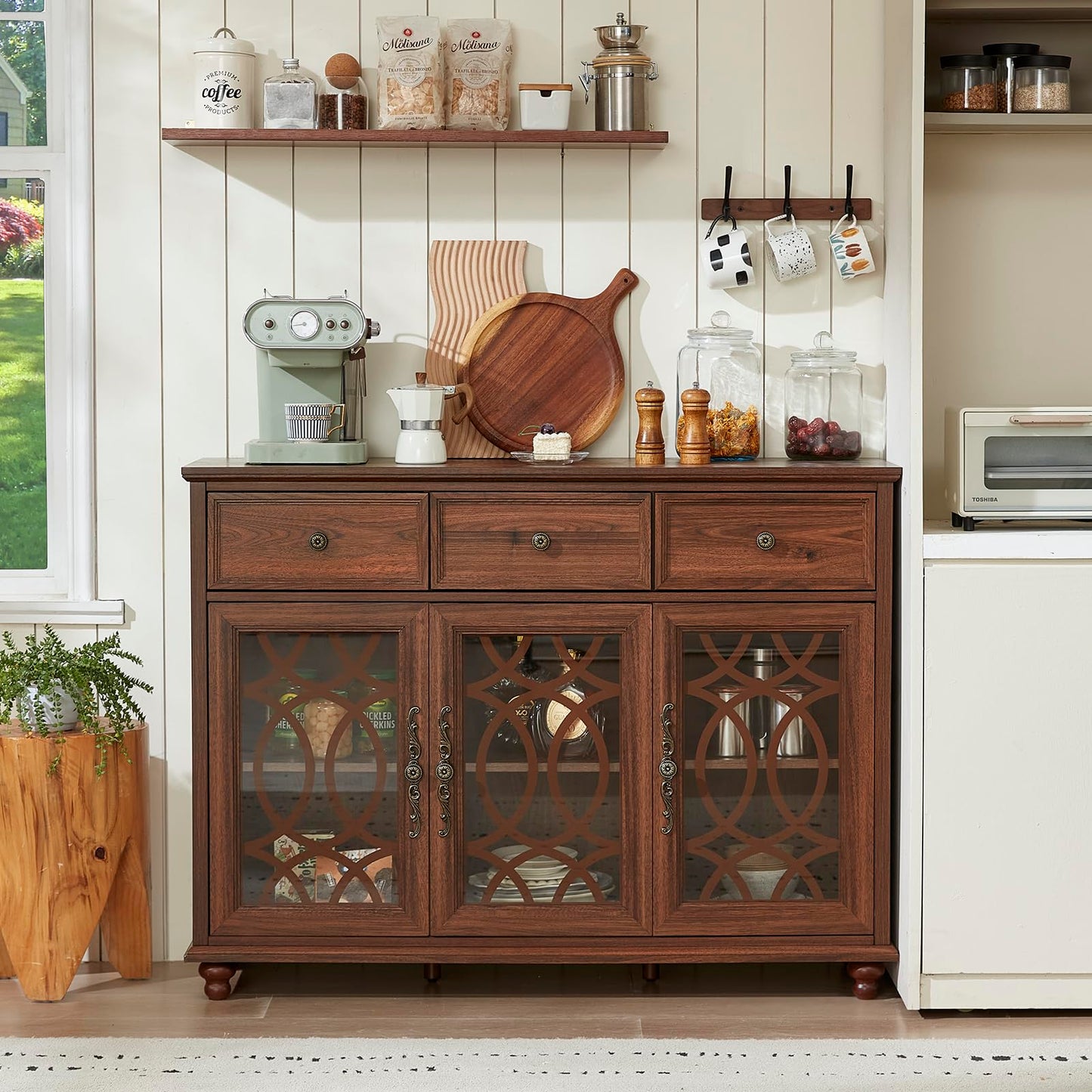 Joaxswe Farmhouse Sideboard Buffet Cabinet with Storage,48" Large Credenza with 3 Glass Doors & 3 Drawers,Adjustable Shelves Console Table,Wood Kitchen Coffee Bar for Dining Room,Living Room,Brown