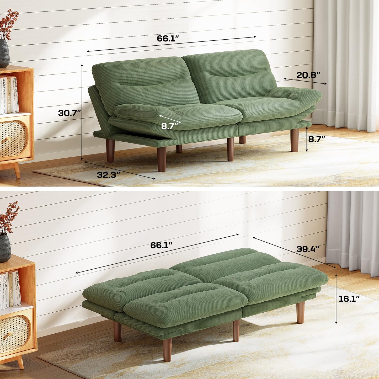 Marsail 66" Futon Sofa Bed, Futon Couch with Adjustable Backrest & Armrests, Convertible Sleeper Sofa Bed for Apartment, Living Room, Office, Corduroy Loveseat, Green
