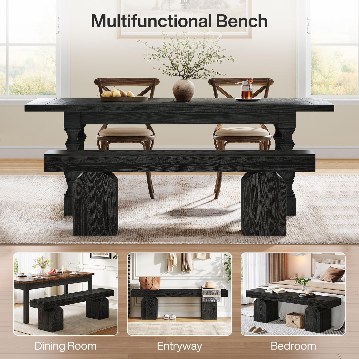 Tribesigns 59" Black Dining Bench for 2 to 3, Modern Dining Table Bench with Arched Base, Extra Long Kitchen Bench Seating for Dining Room, Living Room, Entryway