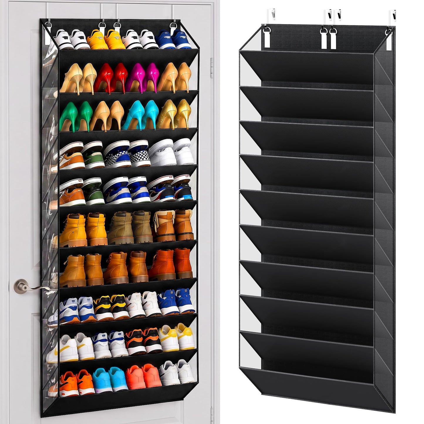 UVIAHOMI 30-40 Pairs Over the Door Shoe Organizer, Clear Pockets Hanging Shoe Storage for Closet, 10-Tier Door Shoes Rack, Handing Shoes Holder Fit All the Family's Sneakers, Boots, Heels, Black