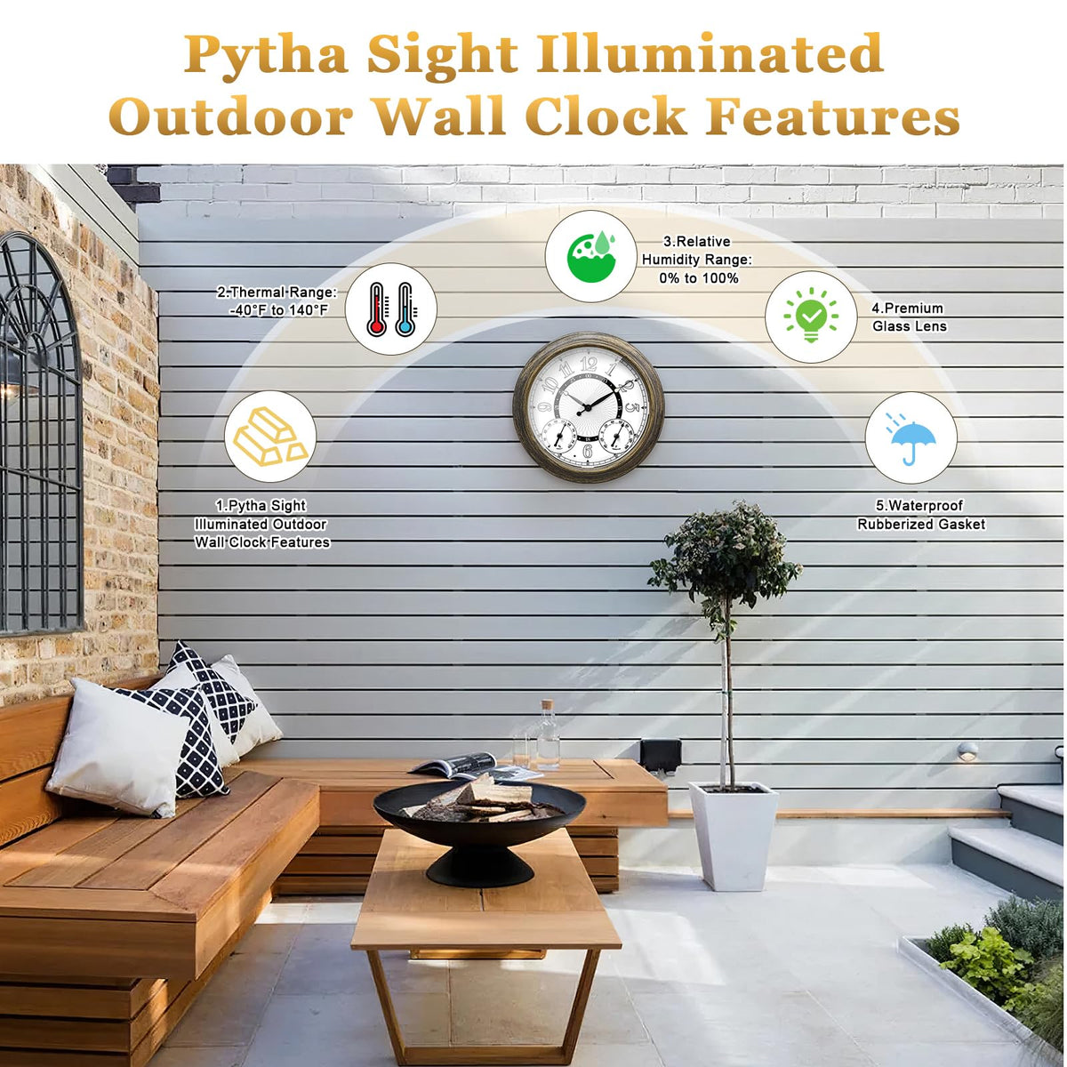 Pytha Sight 18 Inch Metal Illuminated Outdoor Clocks for Patio Waterproof