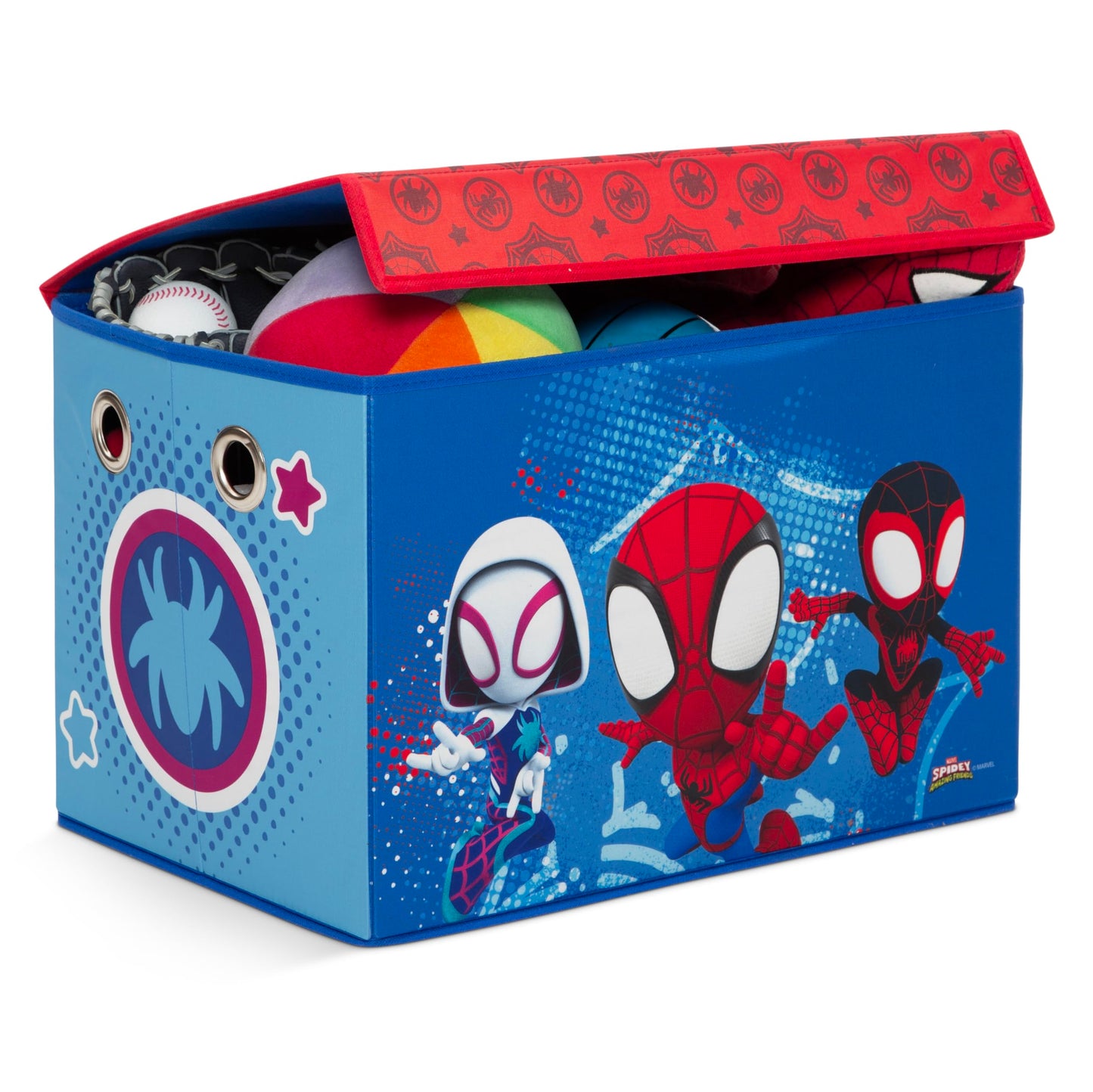 Delta Children - Marvel Spidey and His Amazing Friends 4-Piece Toddler Room-in-a-Box Set – Includes Sleep and Play Toddler Bed, Table, 1 Chair and Fabric Toy Box, Blue/Red