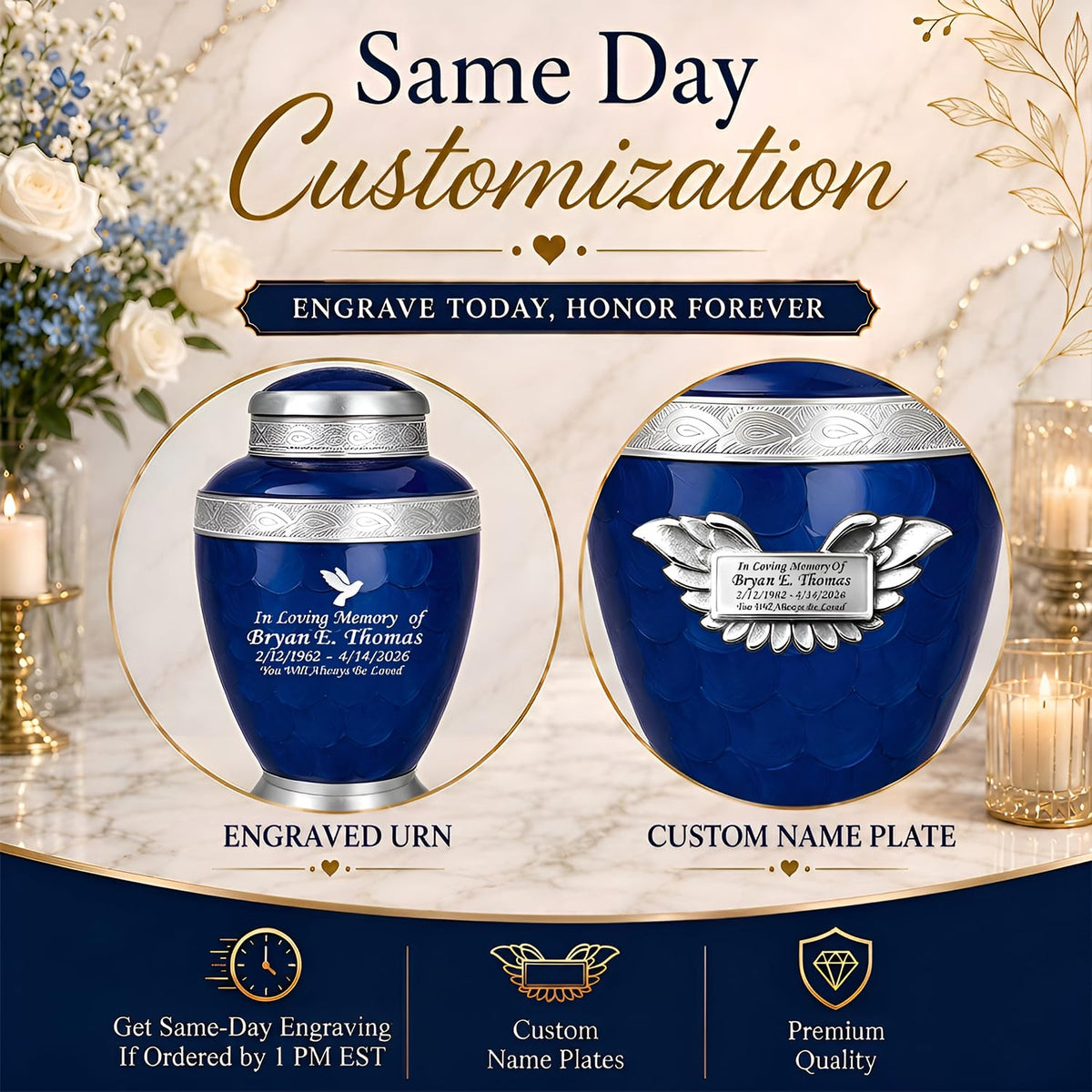 Silver & Blue Cremation Urns for Human Ashes Adult Burial Urn Set of 6