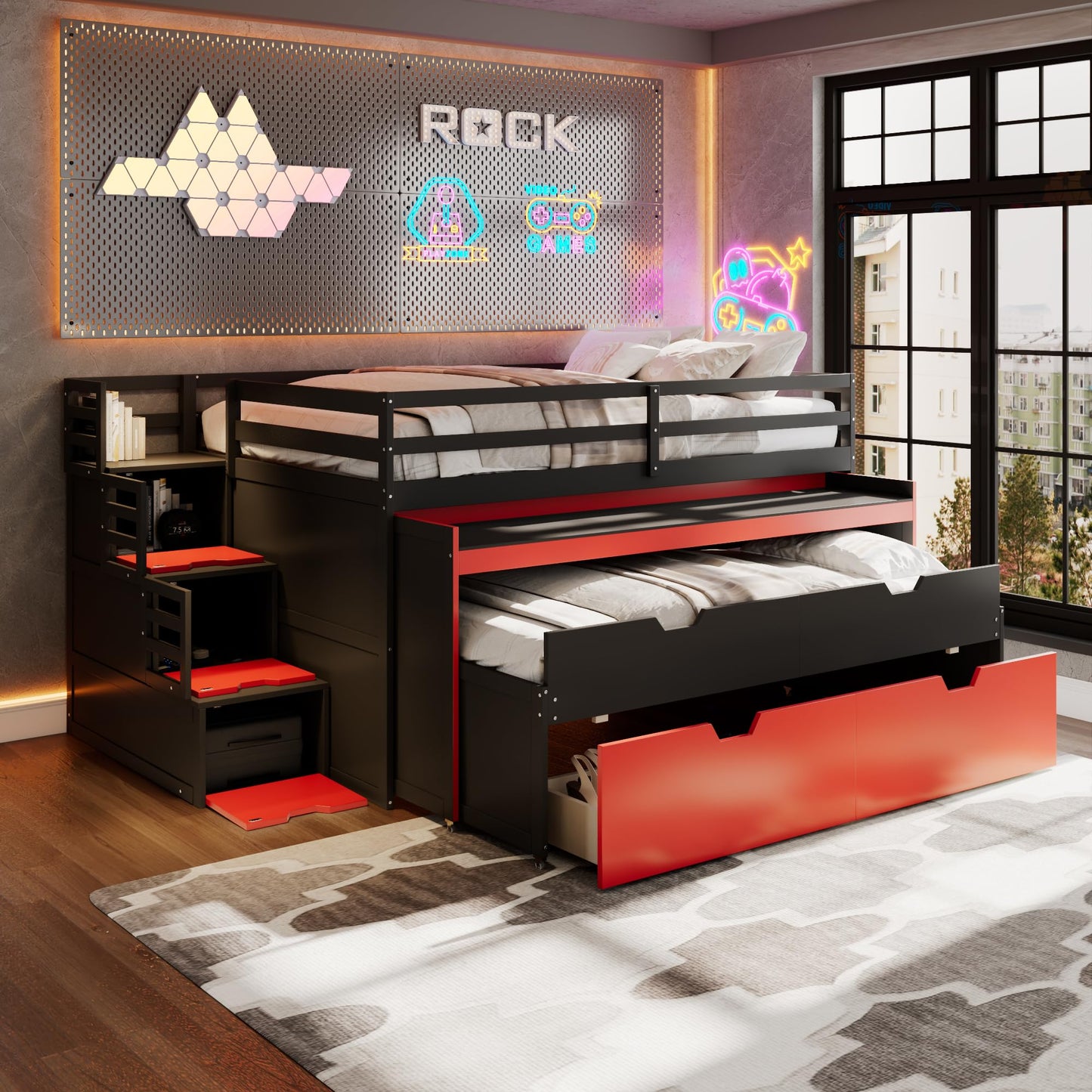 Virubi Full XL Loft Bed with Pull-Out Desk and Twin Trundle, Multi-Functional Bunk Bed with Storage Steps & 2 Drawers, Space-Saving Gaming & Workstation Bedframe (Black+Red, Full XL)