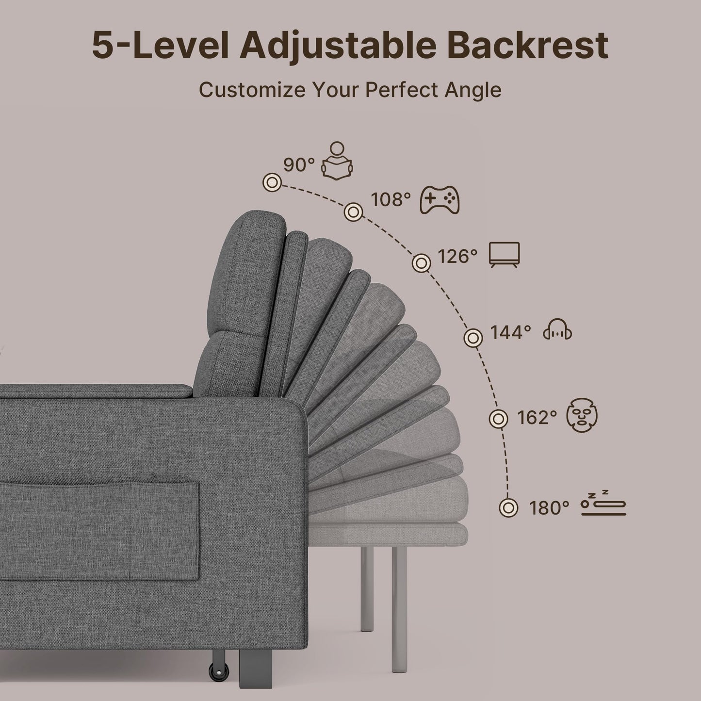 Gizoon Convertible Sofa Bed, 3-in-1 Pull Out Couch, 5-Position Adjustable Backrest & Side Pockets, Modern Small Loveseat Sleeper Sofa for Living Room, Apartment, Dorm, Studio, Guest Room, Grey