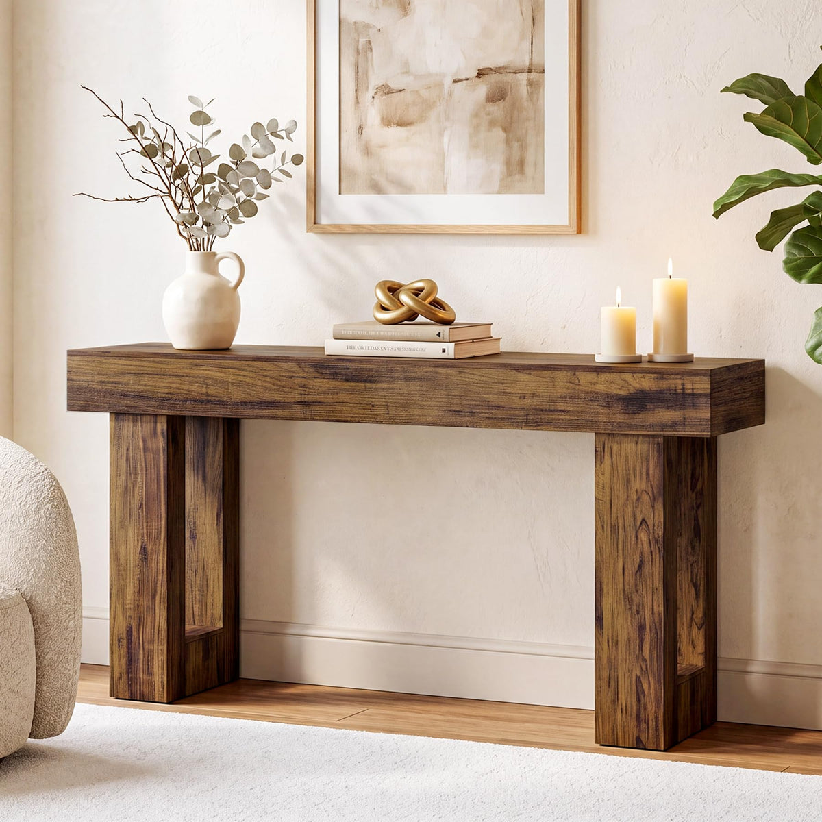 LITTLE TREE 63 Inches Long Sofa Table, Industrial Console Table for Entryway, Wooden Sofa Table for Living Room, Behind Couch Table, Rectangle Hallway Foyer Table for Entrance, Rustic Brown