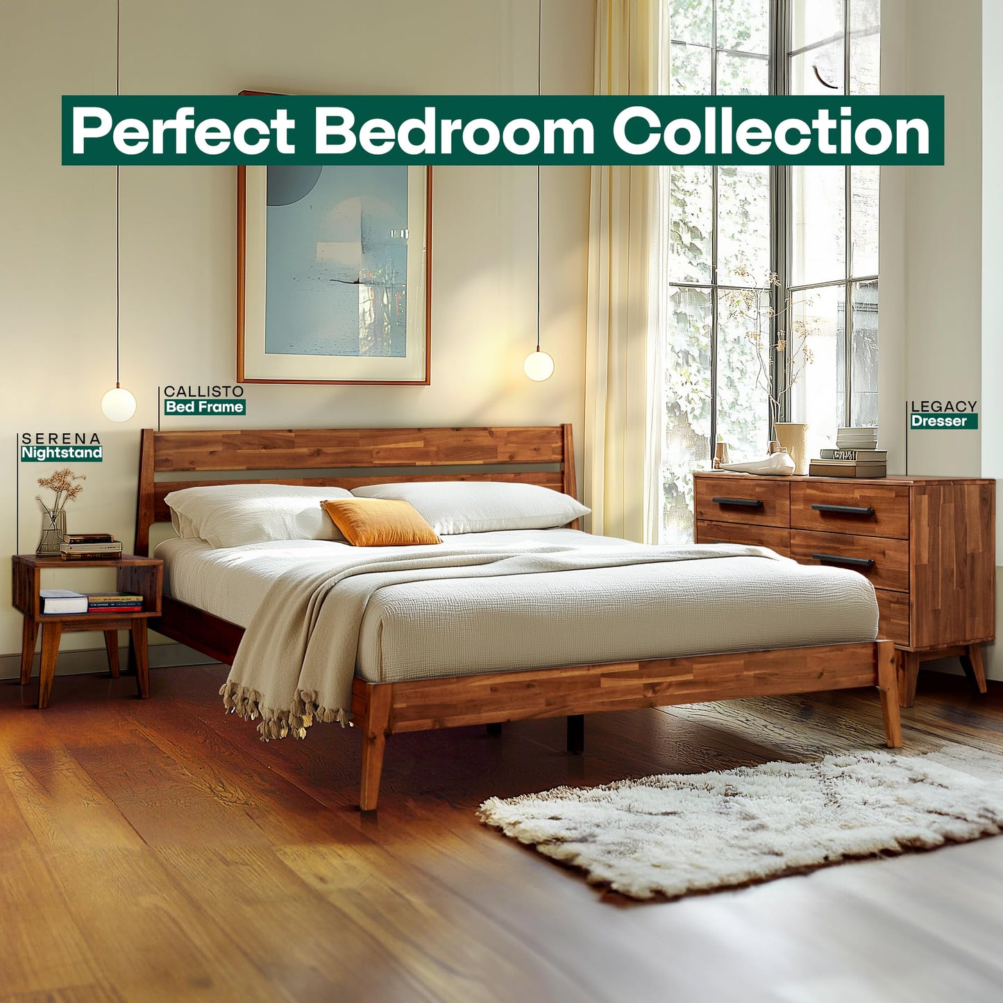 Acacia Callisto King Solid Wood Platform Bed Frame with Headboard – Gift Matching Nightstand Included, Mid-Century Modern, Walnut Finish, No Box Spring Needed, Sturdy, Easy Assembly