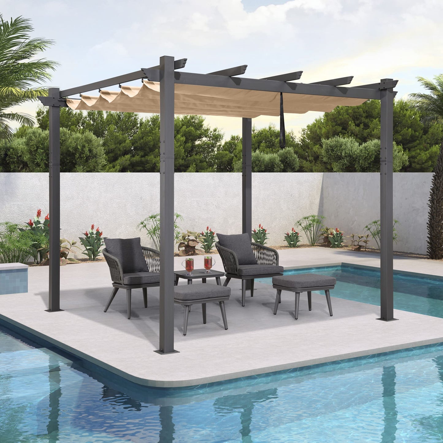 PURPLE LEAF 10' X 10' Outdoor Retractable Pergola with Sun Shade Canopy Patio Metal Shelter for Garden Porch Beach Pavilion Grill Gazebo Modern Yard Grape Trellis Pergola, Beige