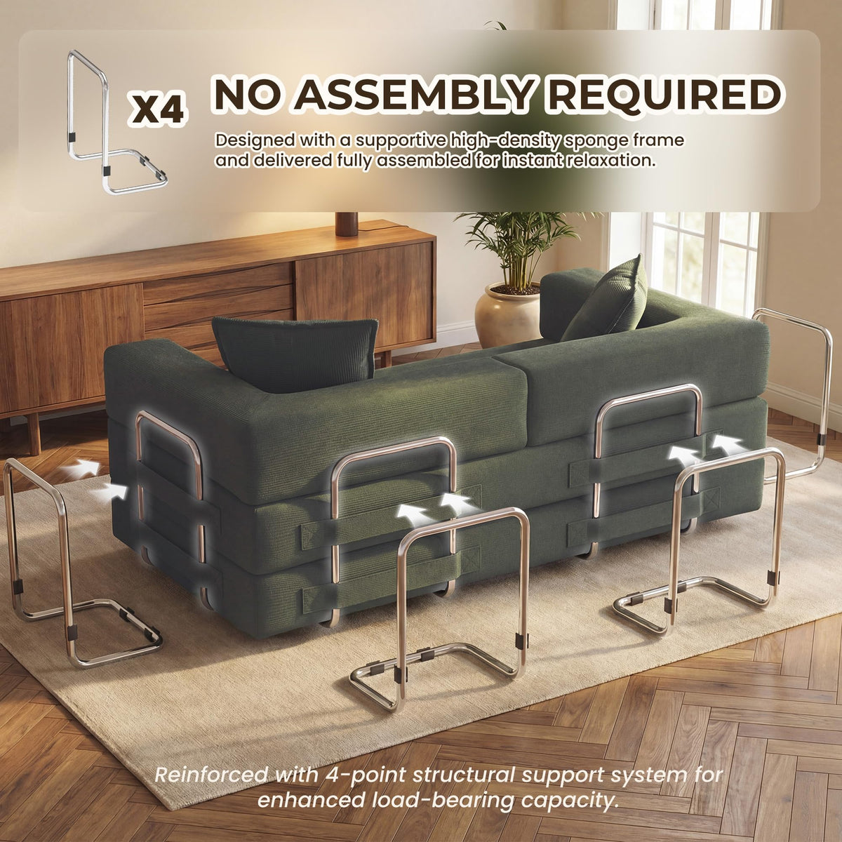 78" 5-in-1 Convertible Futon Sofa Bed, Boneless Corduroy, Green