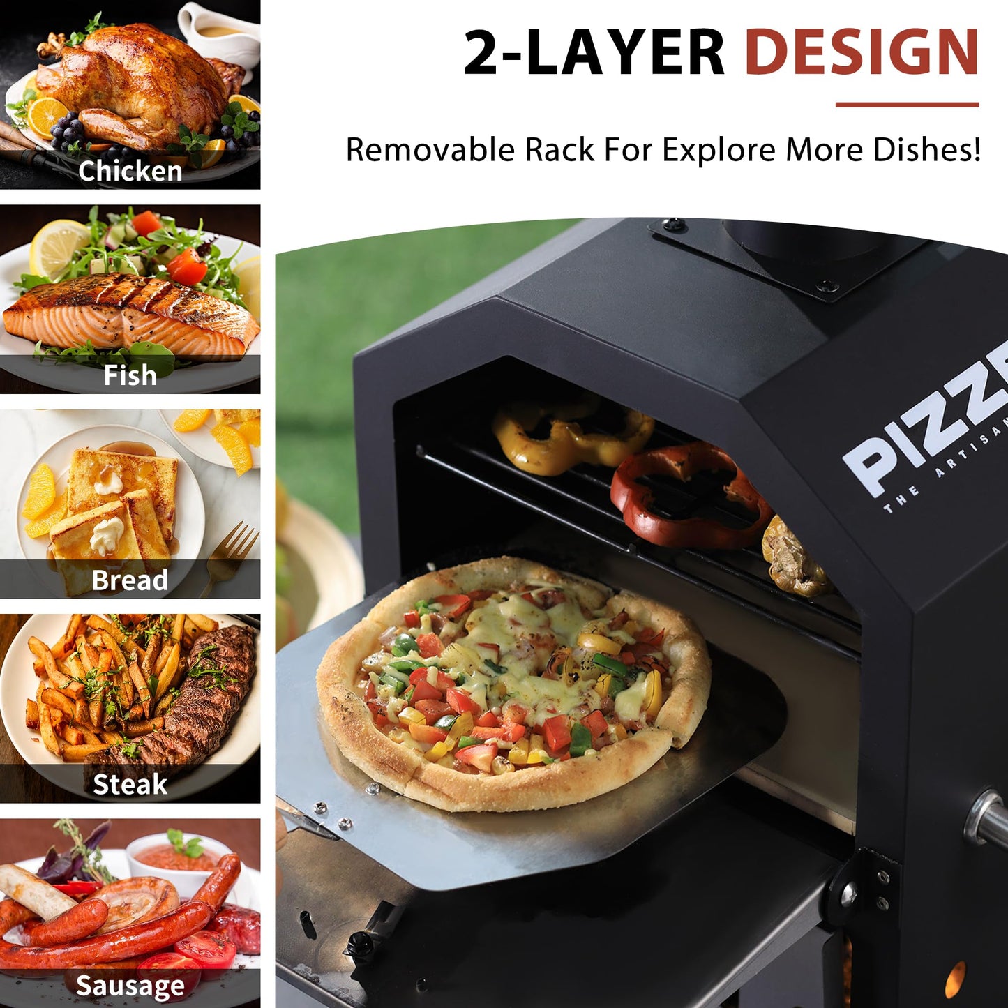 Pizzello Outdoor Pizza Oven Wood Fired 2-Layer Pizza Ovens Outside Pizza Maker with Stone, Pizza Peel, Cover,Removable Cooking Rack for Camping Backyard BBQ (Black)