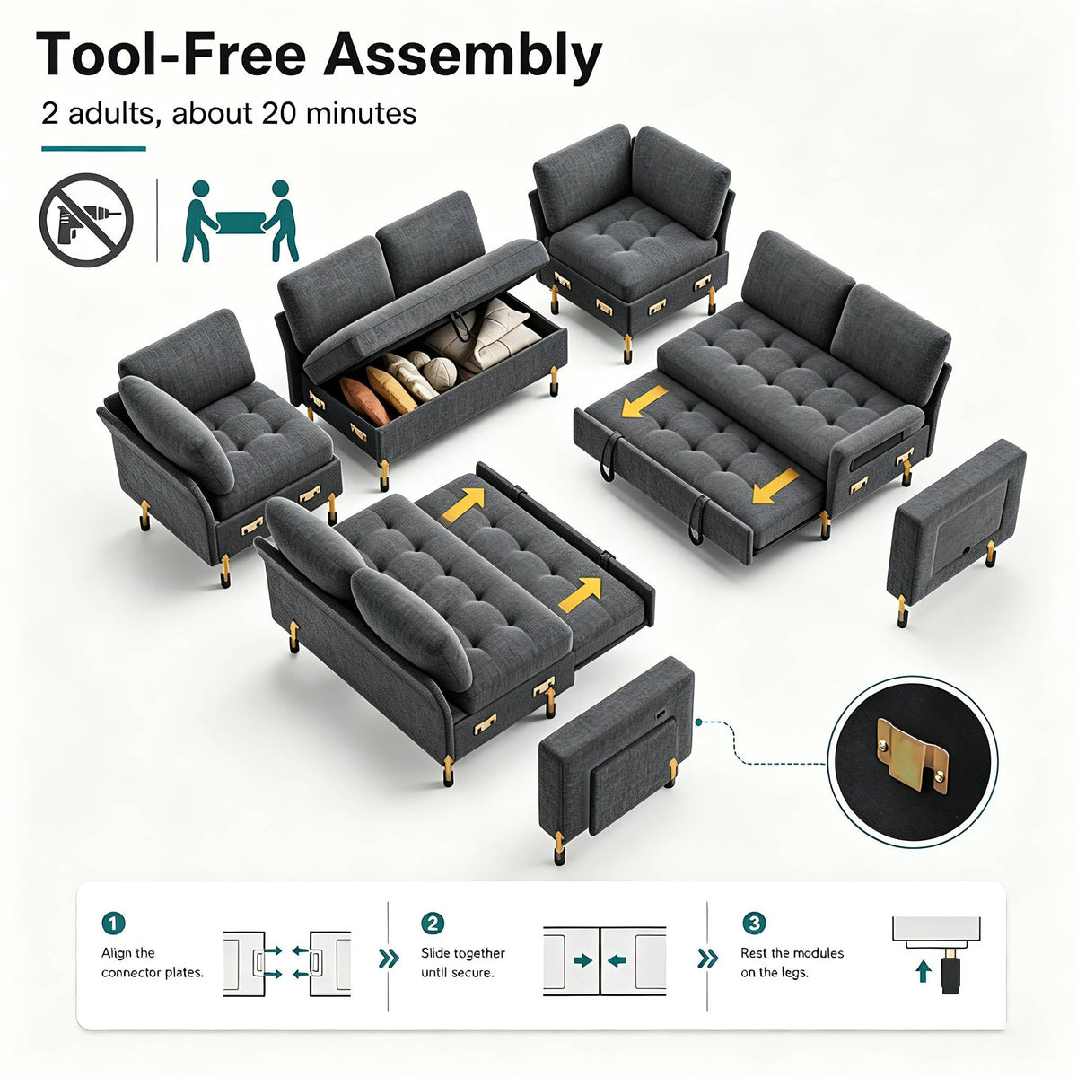 Sunny Heart 8 Seat U Shaped Sectional Sleeper Sofa Bed with Pull Out Bed, Chenille Sectional Sleeper Couch with Adjustable Backrest, USB Ports, LED, Side Table, Tool-Free Assembly,Gray