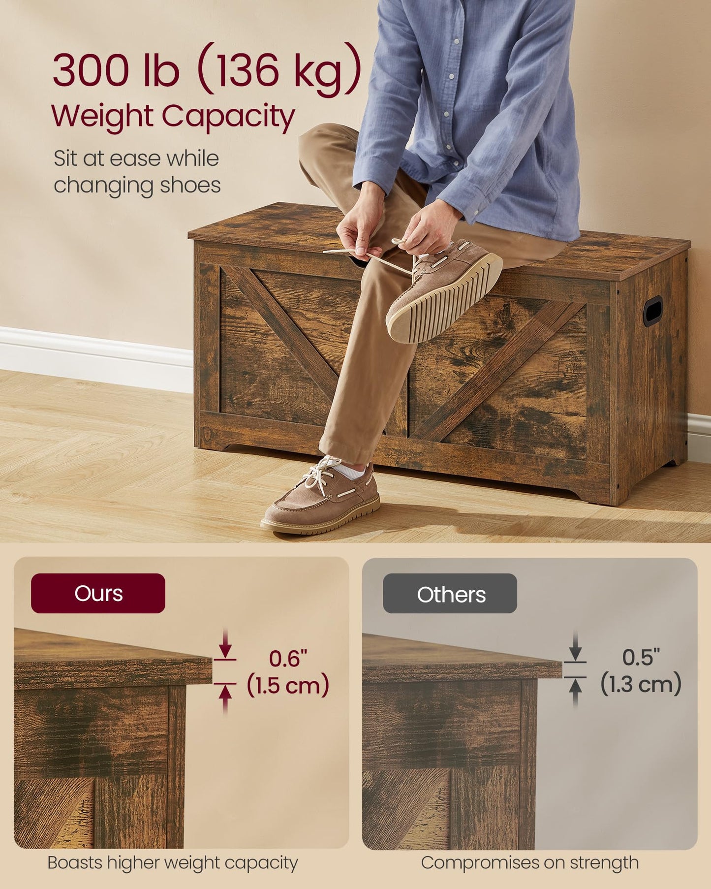 VASAGLE Storage Chest with 2 Safety Hinges, 15.7 x 39.4 x 18.1 Inches