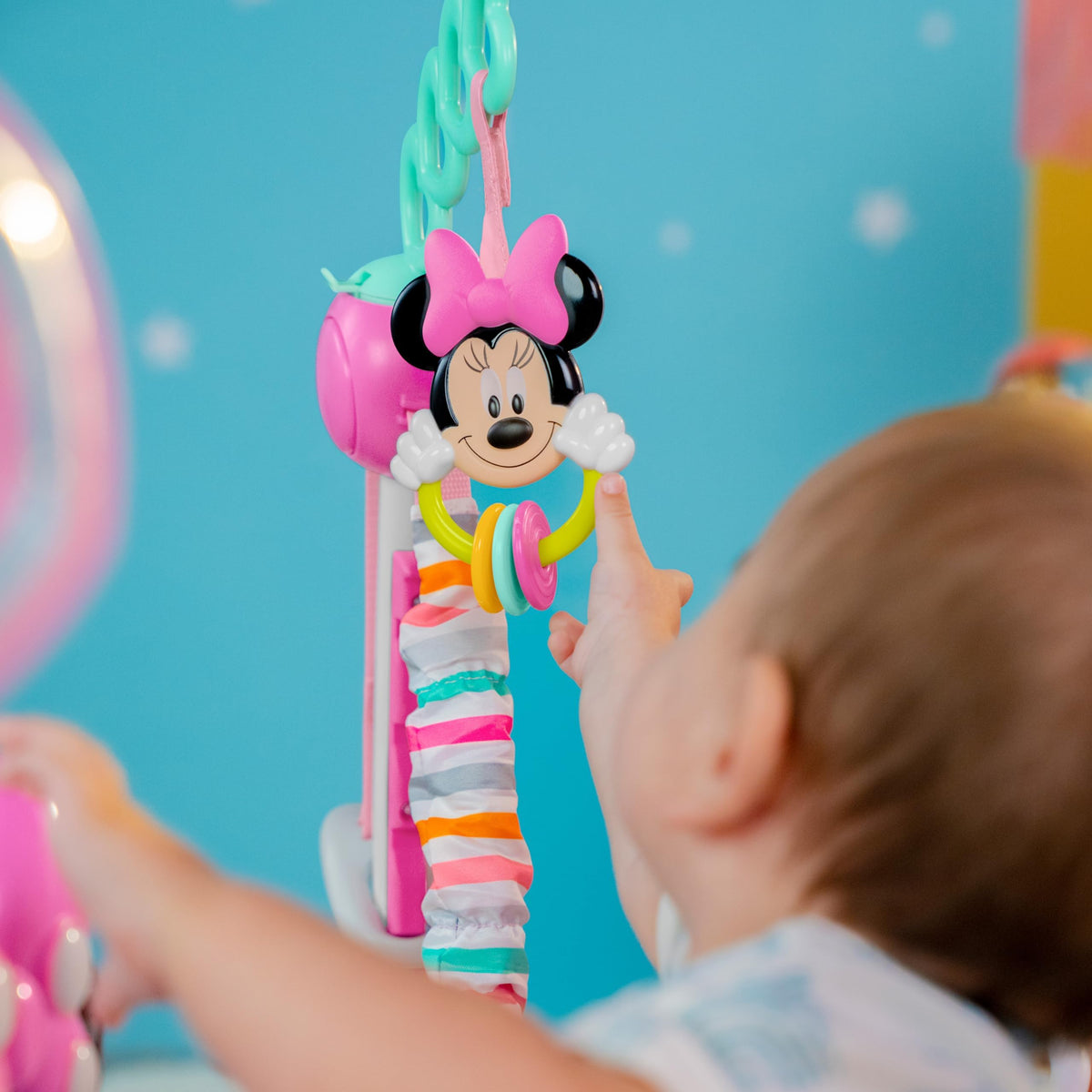Bright Starts Disney Baby Minnie Mouse Forever Besties Baby Activity Center Jumper with 10 Toys, Lights & Sounds, 360-Degree Seat, 6-12 Months (Pink)