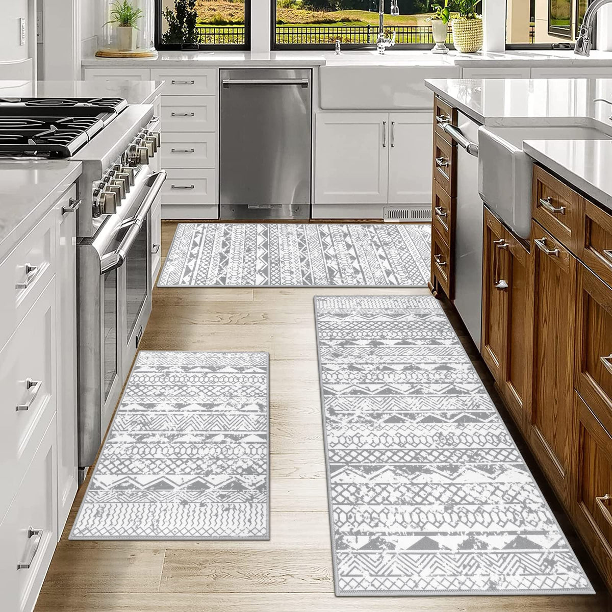 HEBE Boho Kitchen Rugs Set of 3, Non Slip Washable Kitchen Mats for Floor