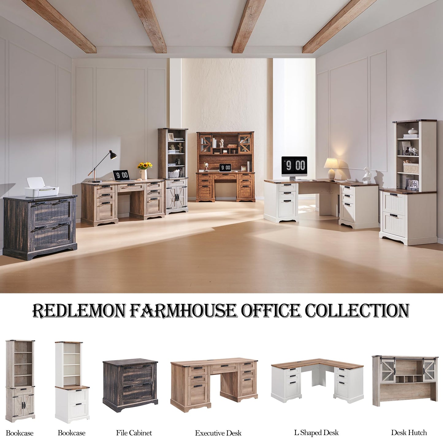 RedLemon 60" Farmhouse L Shaped Desk with Hutch, Wood Home Office Executive Desk with Drawer, Charging Station, File Drawer, Storage Cabinet, Rustic Writing Computer Desk (Antique White)