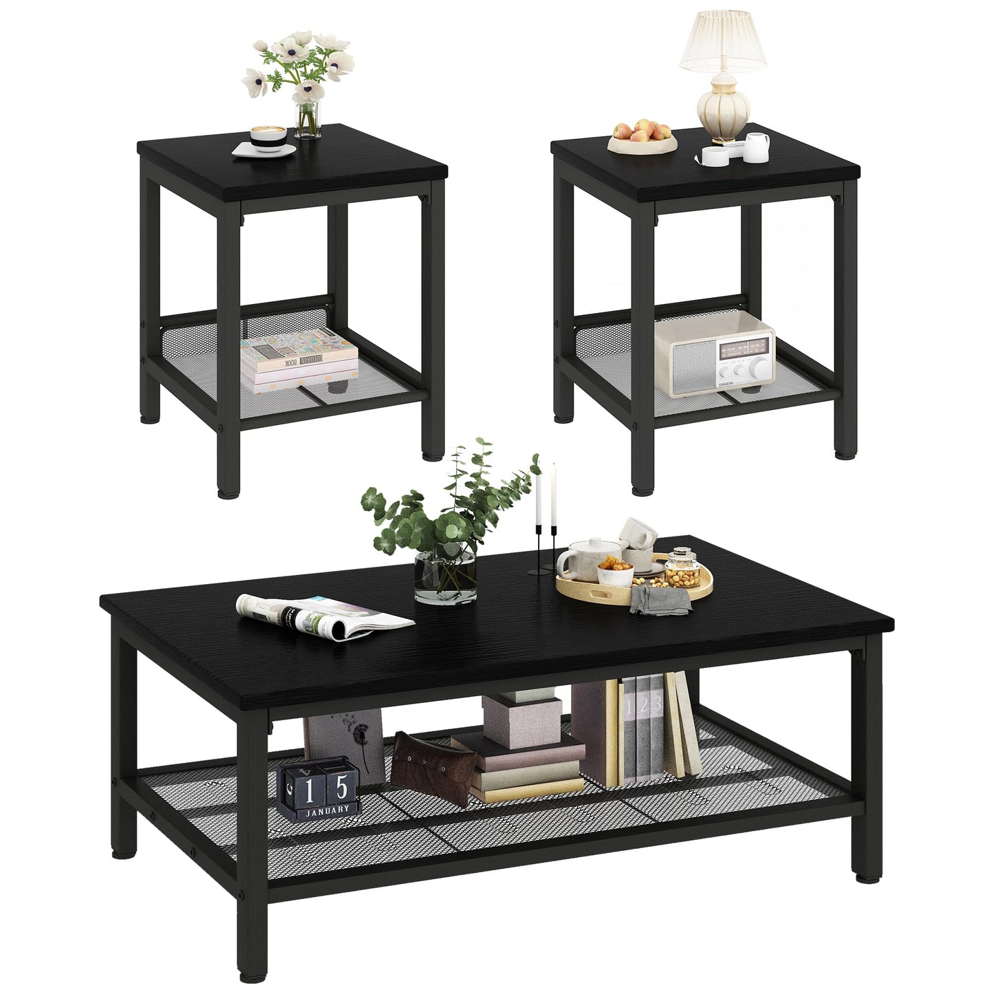 furlinkhm Coffee Table Set of 3, Industrial Coffee Table with 2 Square End Side Tables, Modern Living Room Table Set, with Metal Frame, for Apartment Home Office, Black