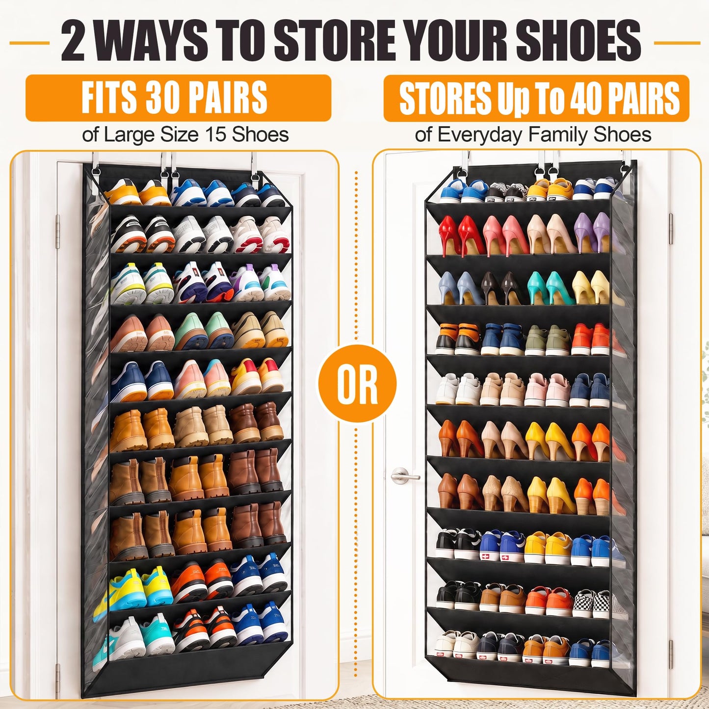 UVIAHOMI 30-40 Pairs Over the Door Shoe Organizer, Clear Pockets Hanging Shoe Storage for Closet, 10-Tier Door Shoes Rack, Handing Shoes Holder Fit All the Family's Sneakers, Boots, Heels, Black