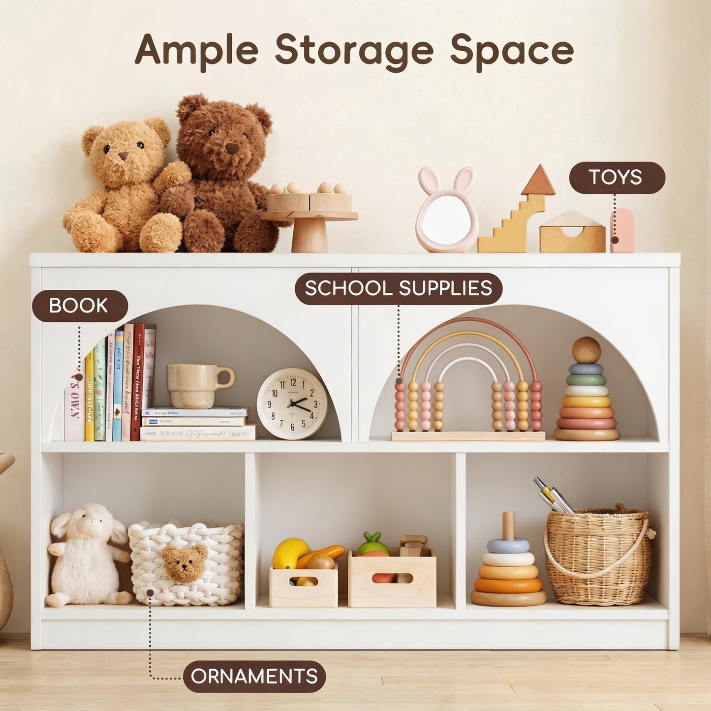 Fatmok 2-Shelf Bookcase Set of 2, Arched Design Wooden Toy Storage Organizer and Storage for Books Toys, 5-Section Montessori Bookshelf for Kids Rooms, Playroom, Nursery, Kindergarten (White)