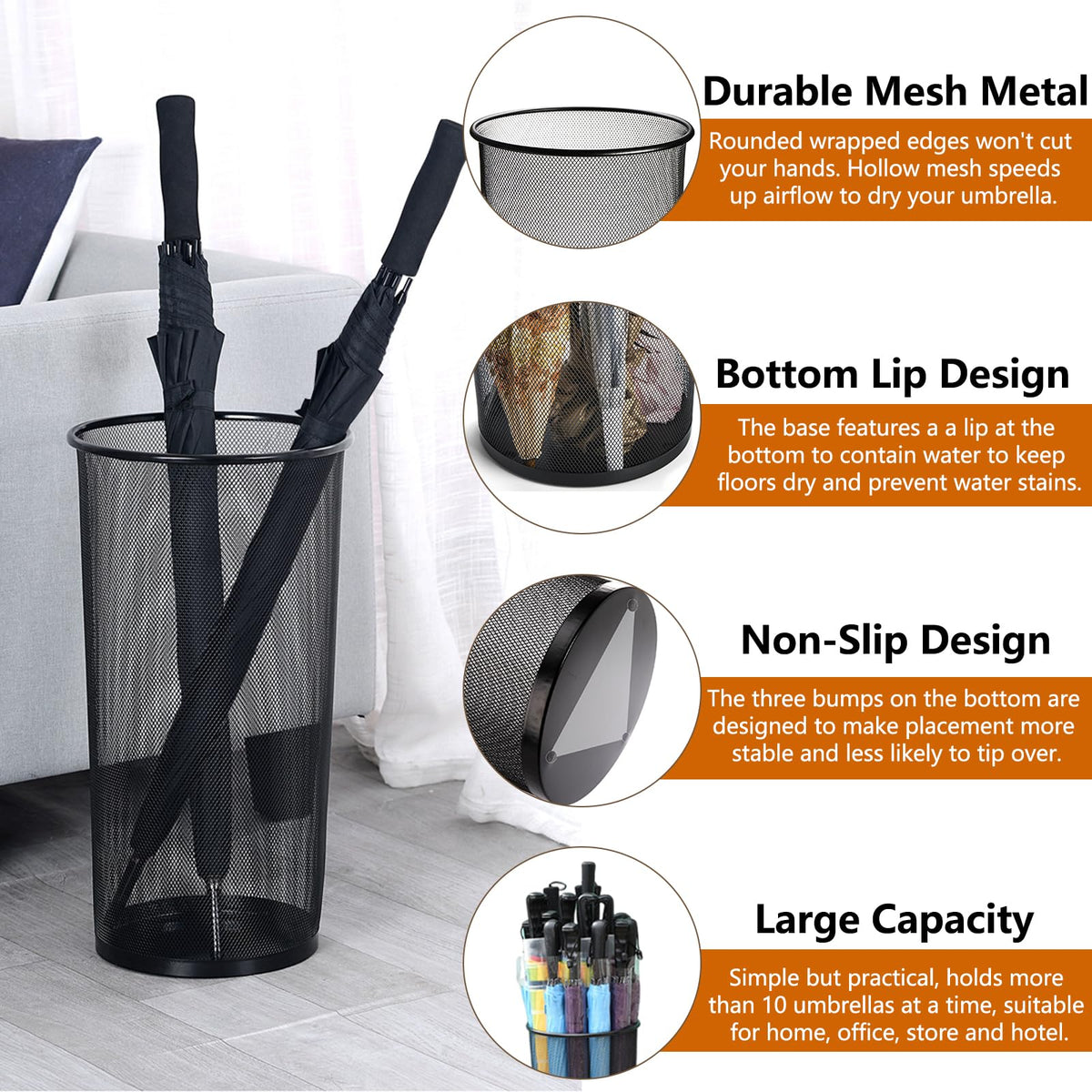 Youeon 2 Pack Large Umbrella Holder, 10.5x20 Inch Metal Mesh Umbrella Stand, Freestanding Bucket for Umbrellas, Canes, Walking Sticks, Wrapping Paper, Entryway, Home, Office, Hotel, Black