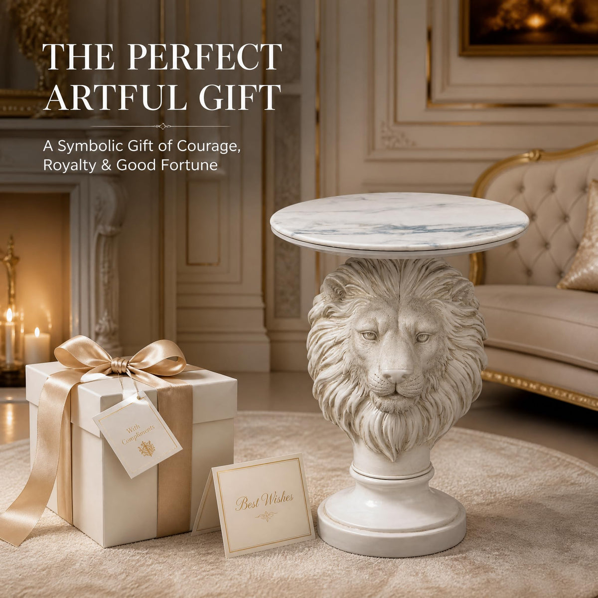 Eshiaeid White Lion Head Sculptural Side Table with Faux Marble Top, 19.7" Round Animal End Table, 25.6" H Majestic Accent Nightstand for Living Room & Bedroom, Luxury Housewarming Gift