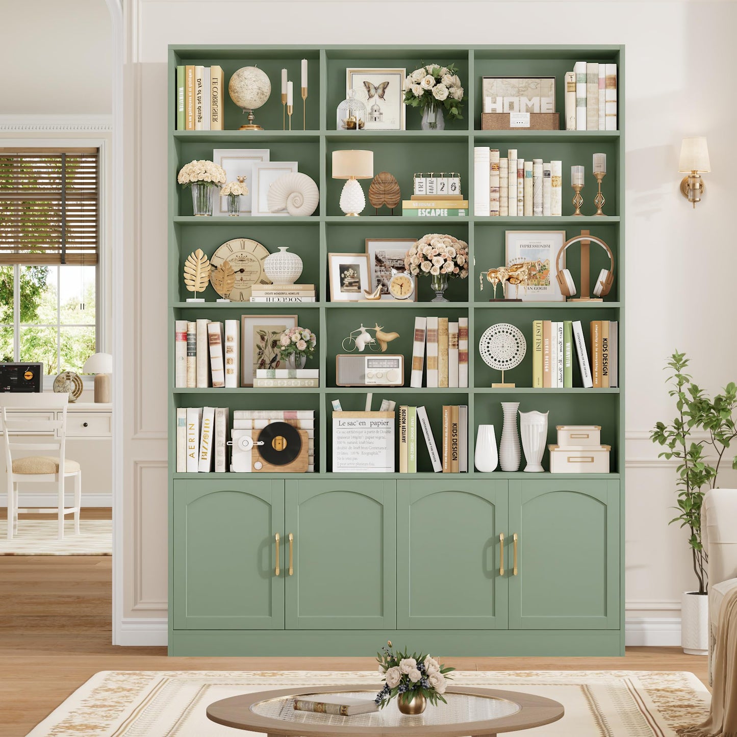 FACBOTALL 82.3" Triple Wide Bookshelf, 7-Tier Tall Bookcase with 15-Cube Open Bookshelf & 4 Doors, Large Bookshelf with Storage Cabinet, Modern Bookshelf for Living Room, Office, Study Room, Green