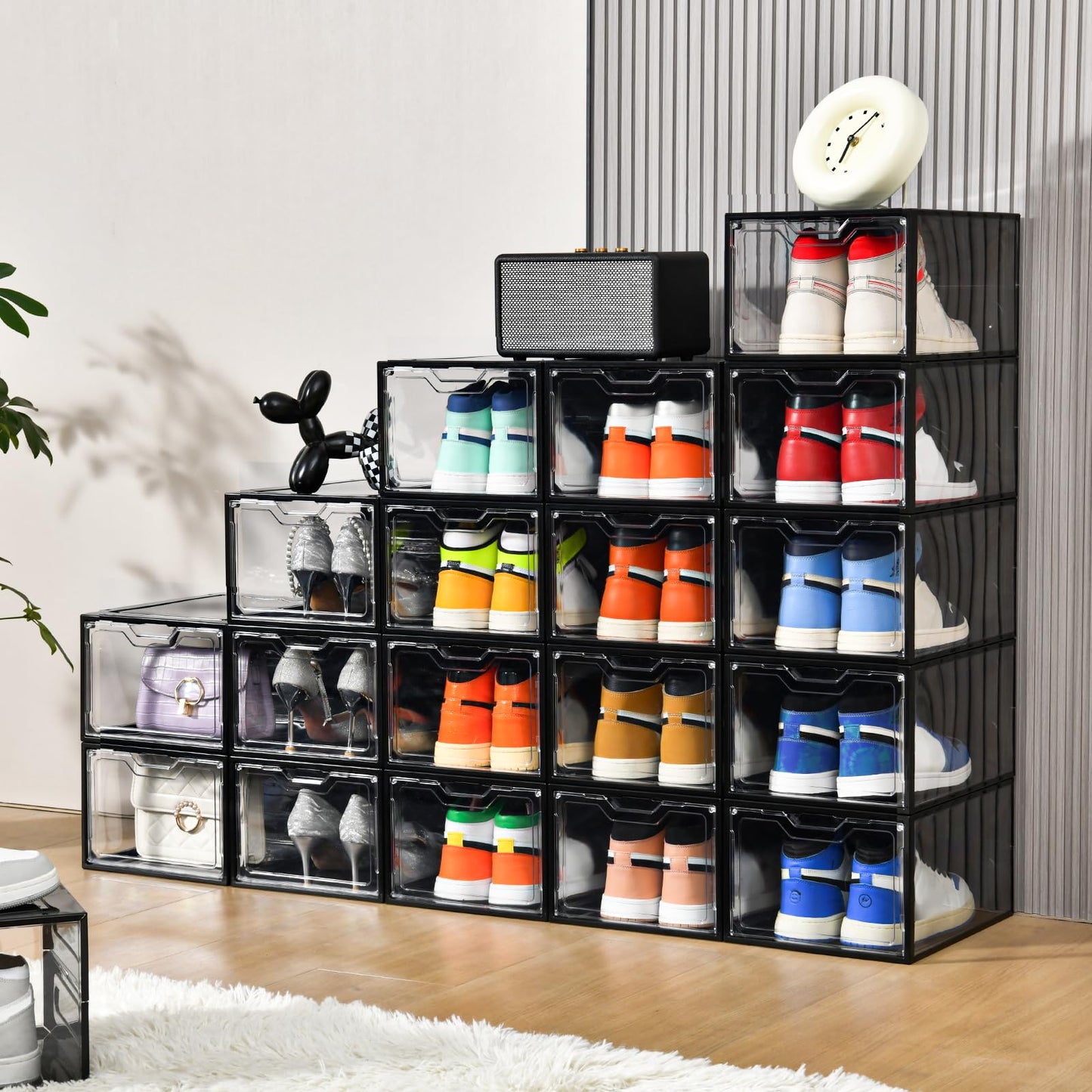 Stebopum 12 Pack Stackable Shoe Storage Organizer with Magnetic Door, Shoe Boxes Clear Black Plastic for Closet, Shoe Rack for Sneaker Boot Container, Shoe Cabinet Fit up to US Size 12