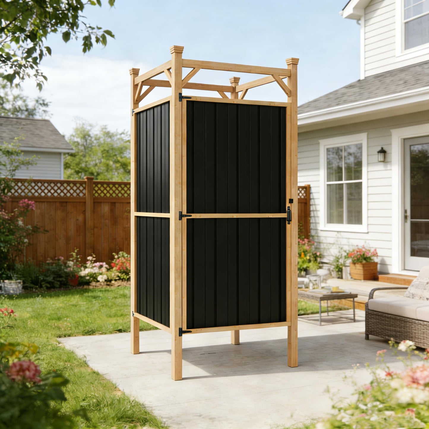 EROMMY Outdoor Shower Enclosure with Lockable Door, Weatherproof Outdoor Shower Stall with Metal Panels, Hooks & Shelves - Perfect for Pool Wash Station, Backyard & Beach Rinse Area Small Version