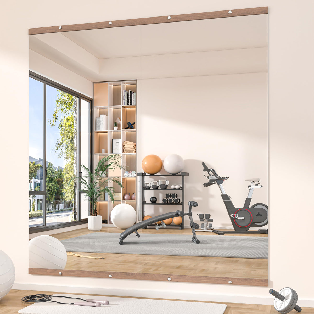 Hasipu 2Pcs 48''x24'' Home Gym Mirror Large Full Length Wall Mounted Full Body Mirror for Yoga Dance Fitness Exercise Studio Bedroom Garage, Frameless Tempered Glass Workout Mirrors Walnut Rectangular
