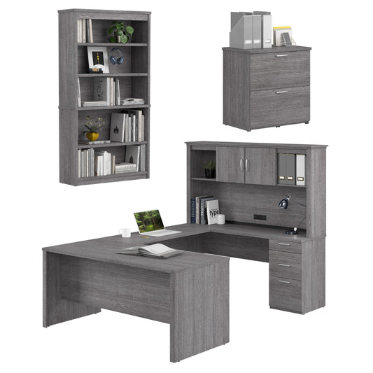 Bestar U or L Shaped with Hutch and File Cabinet, Bark Grey, Logan, 66W
