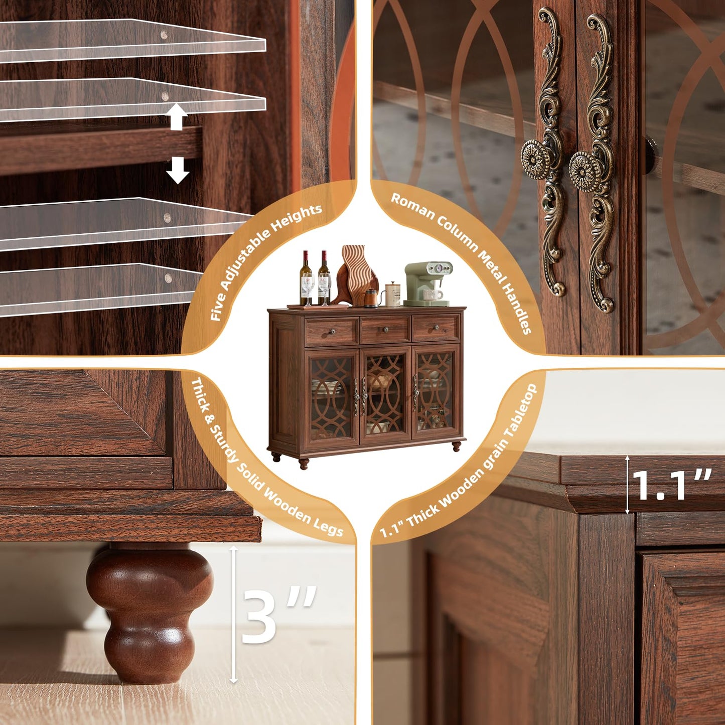 Joaxswe Farmhouse Sideboard Buffet Cabinet with Storage,48" Large Credenza with 3 Glass Doors & 3 Drawers,Adjustable Shelves Console Table,Wood Kitchen Coffee Bar for Dining Room,Living Room,Brown