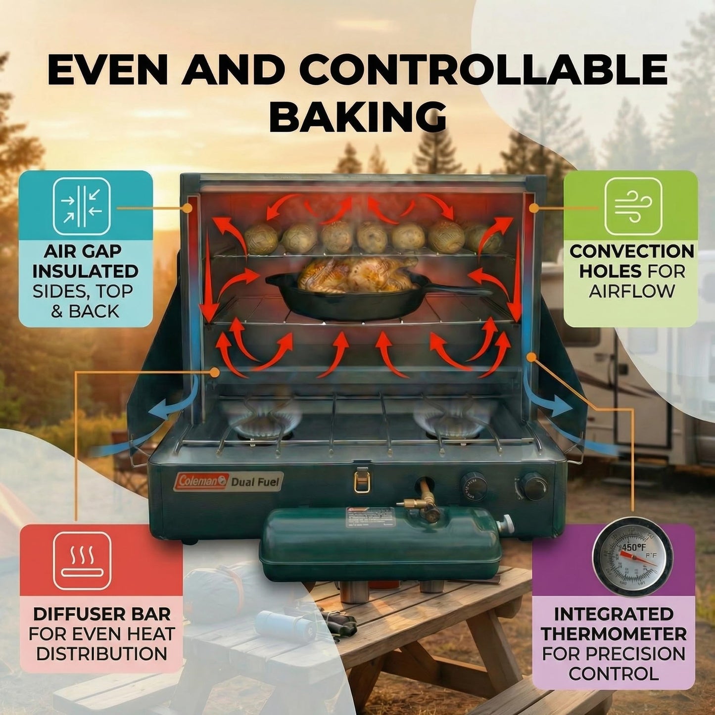Camping Oven - Pop-On-Top Full Size Baking Oven for Outdoor, RV, Tent Camping, Preppers, Emergency.
