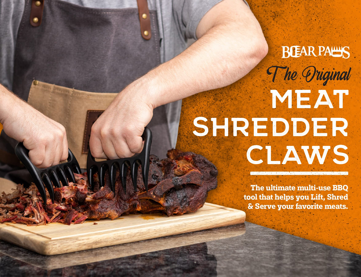 Bear Paws Meat Claws - The Original BBQ Meat Shredder Claws for Pulled Pork, USA Made - Easily Lift, Shred, Pull and Serve Pork, Chicken, Brisket and Turkey - Valentine’s Day Gifts for Men (Orange)