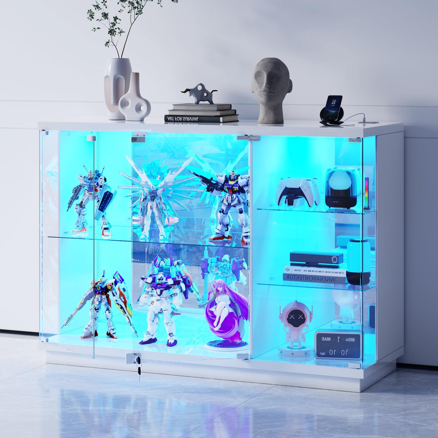 Lvifur Glass Display Cabinet with Lock & LED Light, High Gloss Sideboard with Human Body Sensor & Glass Shelves for Toys, Books, Collectibles, Liquor, Bookcase for Living Room, Kitchen, Study, White