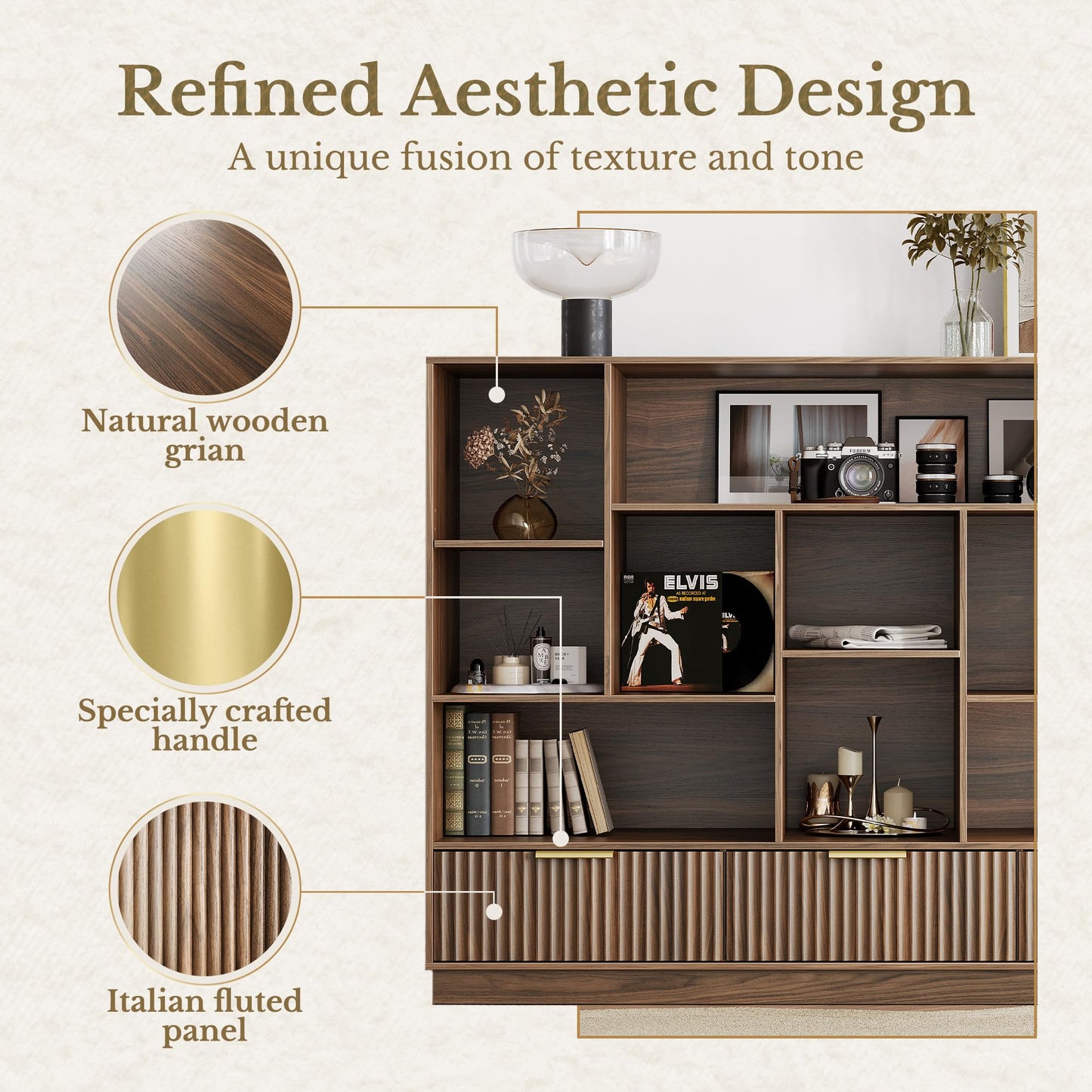 Perledesign Home Office Furniture Set, 67'' Standing Desk with 44'' Bookshelf, Electric Height Adjustable Desk with 2 File Cabinet, AC/USB and Bookcase with 3 Drawers, Fluted Style Black Walnut