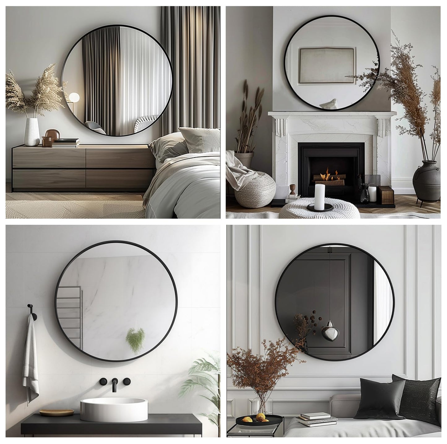 Sunniry Black Round Mirror, Round Mirror 24 inch, Matte Black Metal Frame