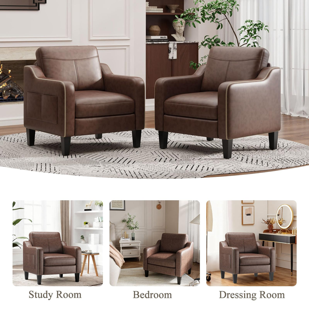 MALOL PU Leather Accent Chair Set of 2 with Wood Frame, Chocolate Brown
