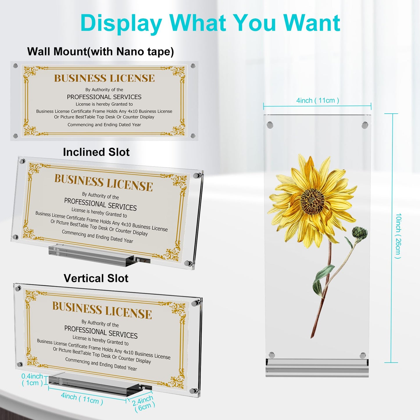 Boloyo Acrylic Business License Display Frame, 10 inch 1PC Clear Display Stand Holder Easel Base Protector for 4x9 Business License Certificate Collectors