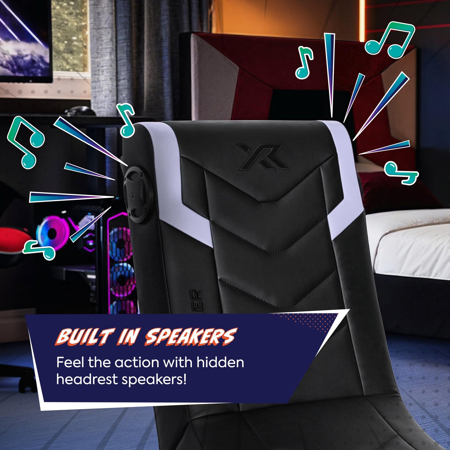 X Rocker Eclipse Video Gaming Floor Chair with Built-in Headrest Speakers, Wireless Bluetooth, Foldable, Vegan Leather, 300 lbs Max, Amazon Exclusive, Black and Silver, Gifts for Gamers