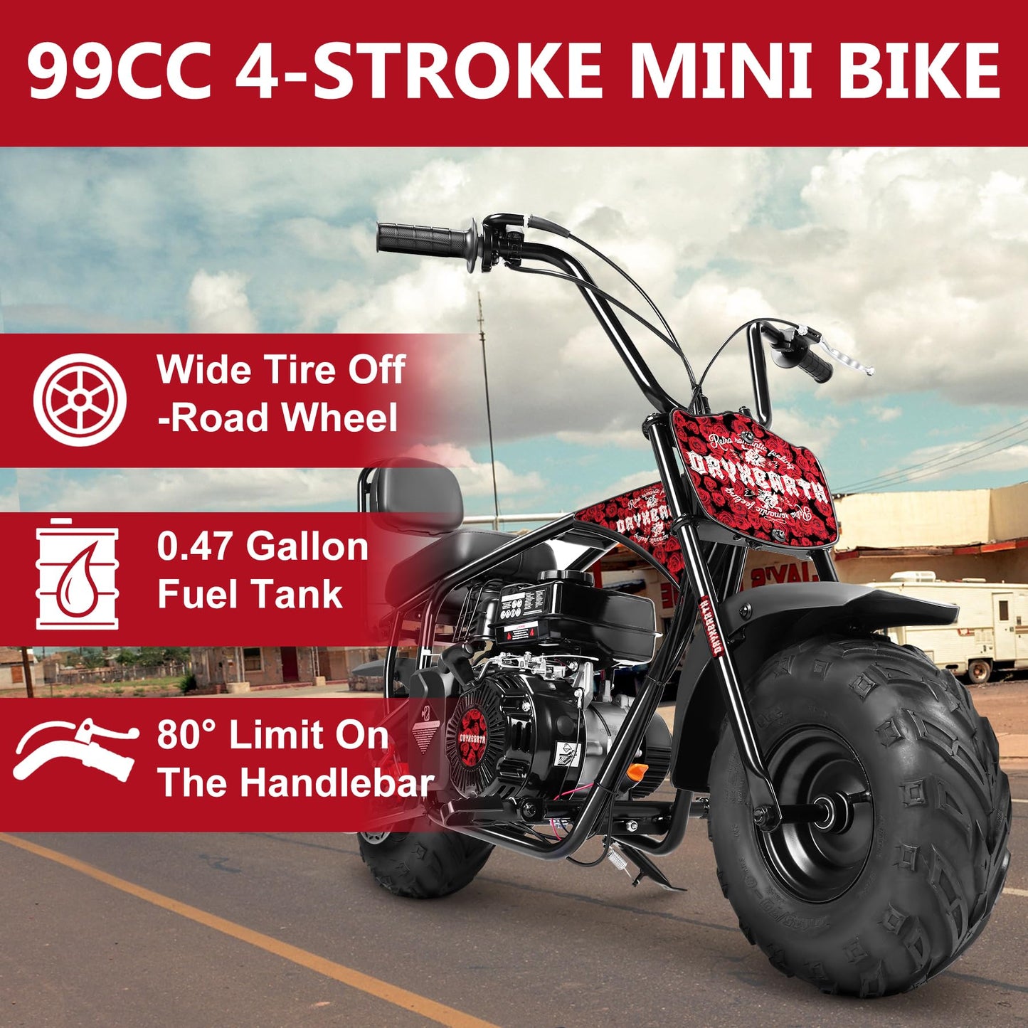 Oryxearth 99CC 4-Stroke Mini Bike, Gas Powered Bike W/EPA Approved Engine Mini Dirt Bike with Off-Road Tire for Kids, Speed Up 28 Mph, W/LED Headlight, Goggles, Gloves & Neck Gaiter