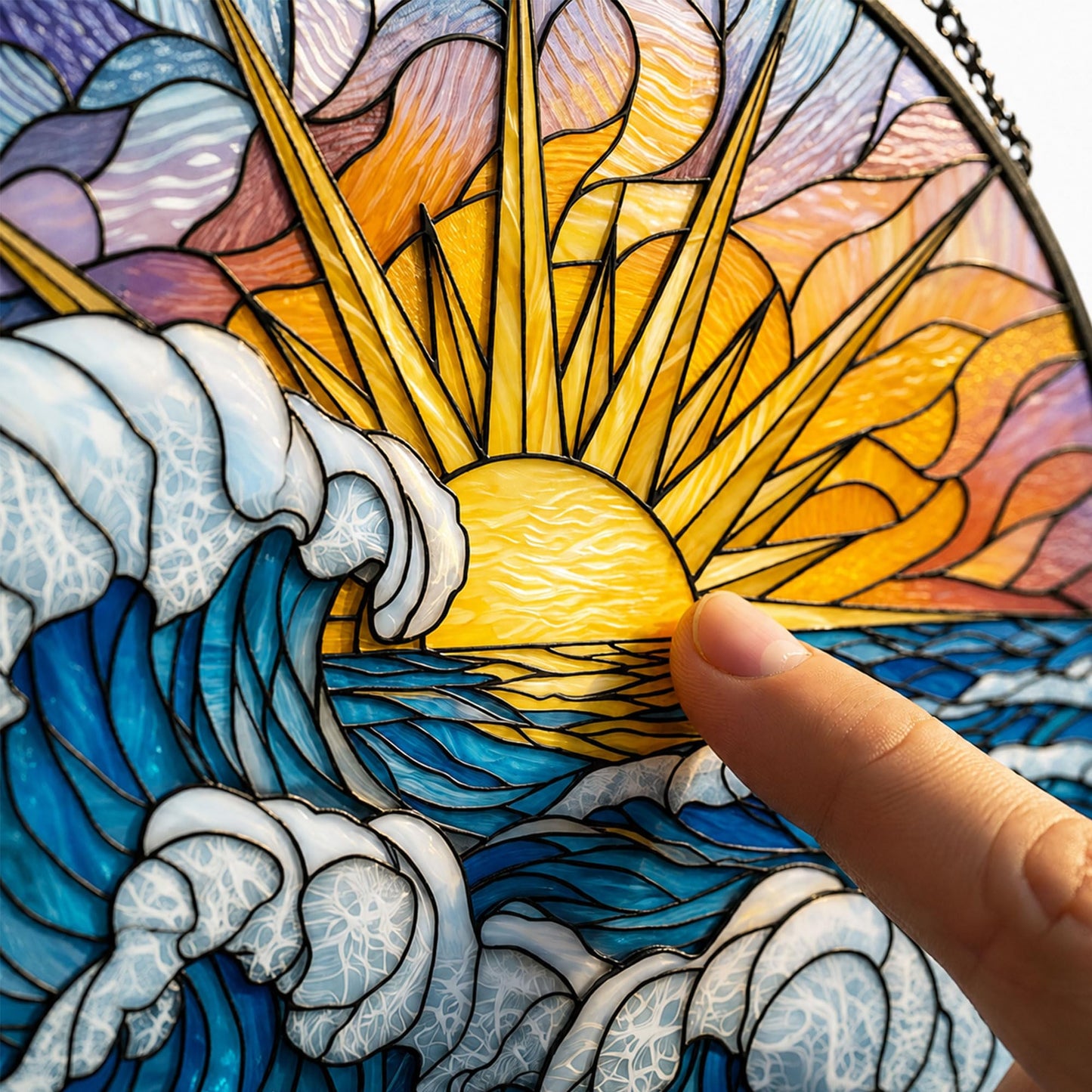 Suncatcher for Window | 3D Embossed Stained Glass Ocean Sunrise Beach Design | Diamond Glass Rainbow Maker with Crystal Chime Gift Box Set | Coastal Decor Gift