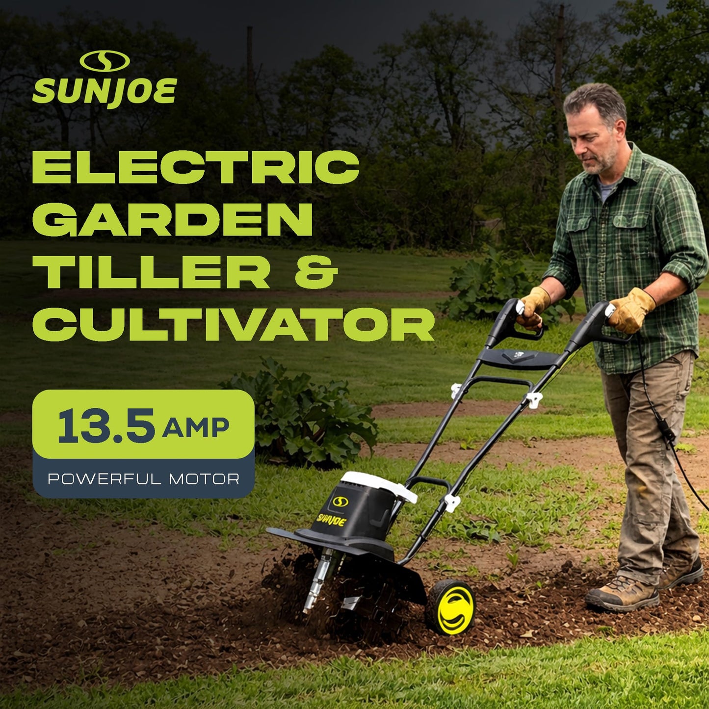 Sun Joe Corded Electric Garden Tiller & Cultivator with Steel Tines, 16", 13.5-Amp Motor - Heavy-Duty Tilling Machine for Lawn, Yard, and Gardening Care, TJ604E