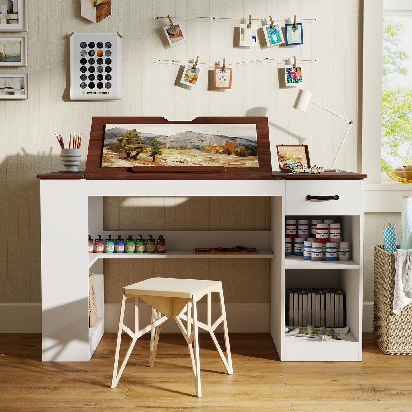Verano Garden 55.1" Drafting Table, Craft Art Table, Computer Desk, White
