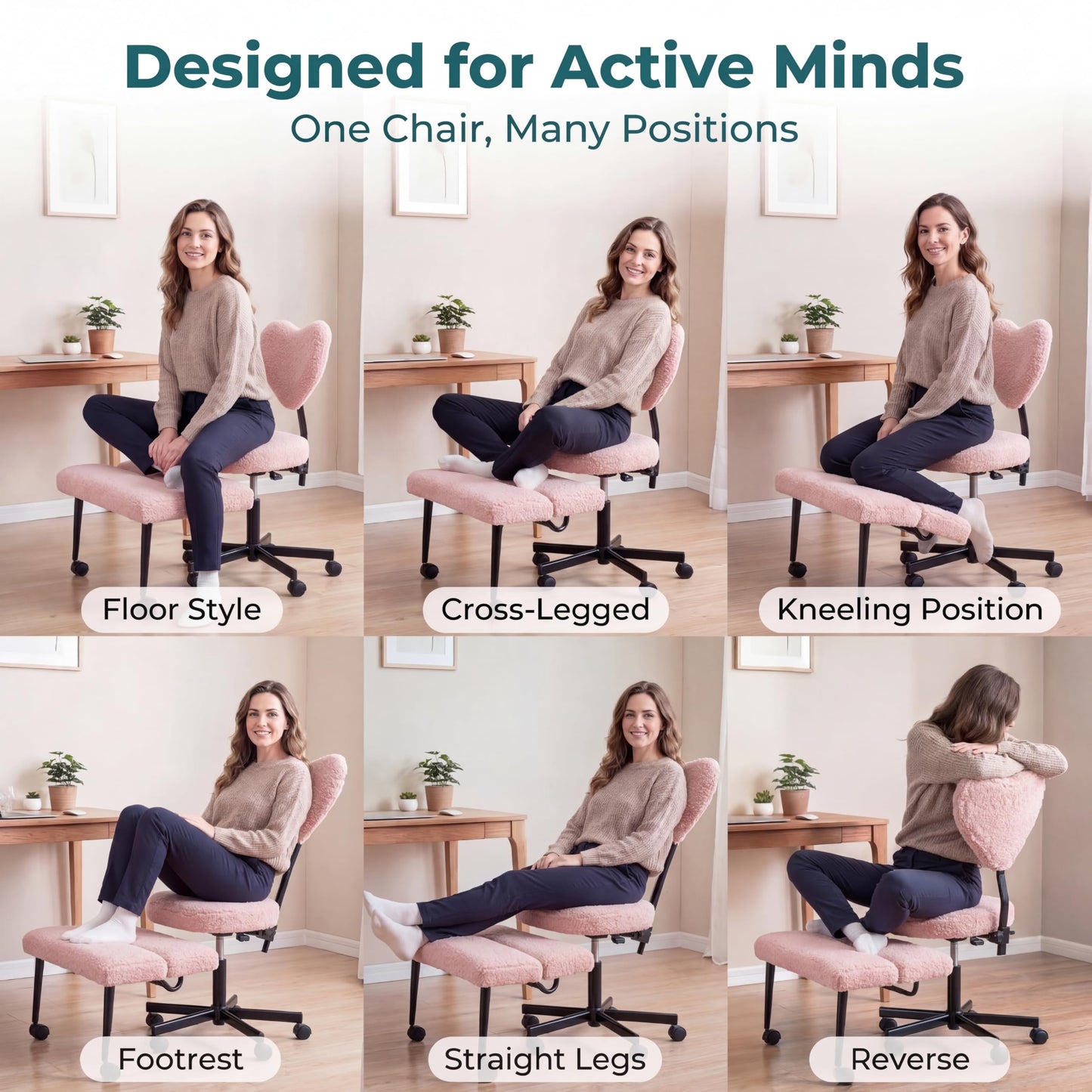 Ergonomic Cross Legged Office Chair with Foot Rest for Kneeling Seating - Crisscross Desk Chair with Wheels for ADHD to Sit Cross Legged - Multi-Position Adjustable Seat with Back Support for Women