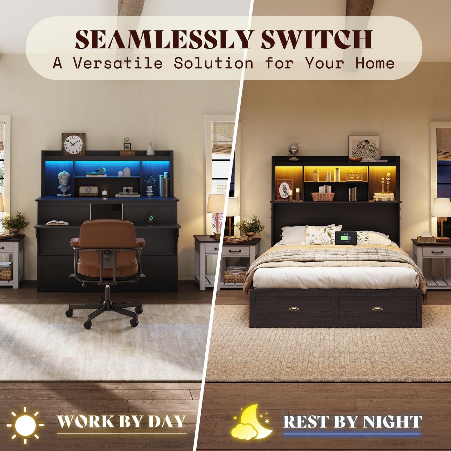 AMERLIFE Full Murphy Bed with Bookcase Headboard & LED Light, Farmhouse Cabinet Bed with Storage Drawer, Charging Station and Desk for Home Office/Guest Room/Small Spaces, Black