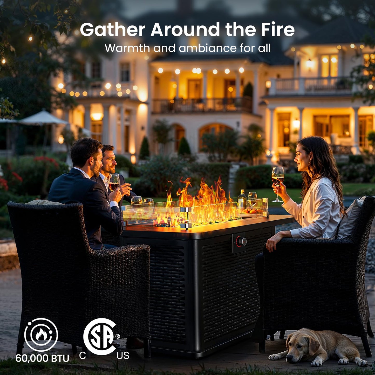 Ciays 43-Inch Rectangular Propane Fire Pit with 60,000 BTU Output, Fire Pit Table Premium Gas for Outside Patio with 304 Stainless Steel H-Burner, Glass Stones, and Wind Guard,Black